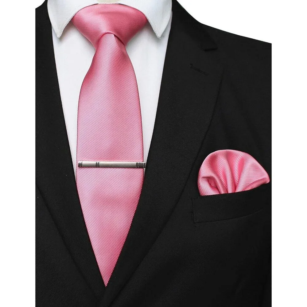 Men's Pink Colour Formal Necktie and Pocket Square Tie Clip Sets